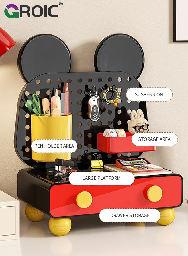 GROIC Desk Organizer, Mickey Mouse Style Storage Box, Multi-Functional Hole Plate Storage with Drawer and hook, Desktop Organization for Office Supplies, Pencils, Markers, Tape, Erasers, Paperclips, Chargers - Image 3